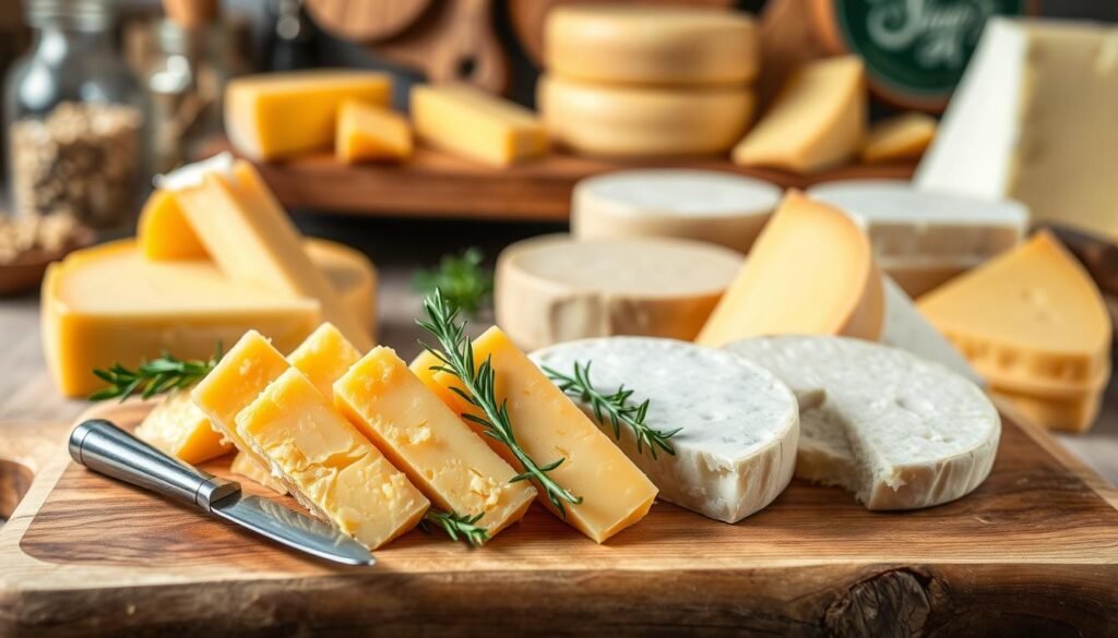 A beautifully arranged display of various semi-hard cheeses on a rustic wooden cutting board. In the foreground, showcase slices of aged Gouda, Gruyère, and Jarlsberg, arranged attractively, each displaying unique textures and shades of creamy yellow and golden hues. Beside the cheese, add a small cheese knife and sprigs of fresh rosemary for contrast. In the middle ground, include a softly lit scene of a wooden table adorned with additional cheese wheels, creating depth. The background features blurred artisanal cheese-making tools and ingredients, enhancing the cheese-making atmosphere. The lighting should be warm and inviting, capturing the richness of the cheeses with a focus on their textures. Aim for a cozy, gourmet feel, perfect for cheese lovers.