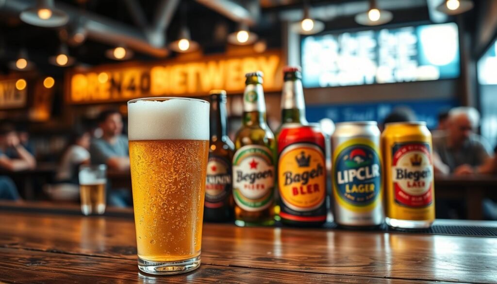 A beautifully arranged glass of golden lager, showcasing its crisp, effervescent bubbles rising to a frothy white head. The glass is placed in the foreground on a rustic wooden bar top, with droplets of condensation glistening on its surface. In the middle, a selection of different lager bottles and cans, each uniquely designed, are showcased, hinting at the variety available in the United States. The background features blurred outlines of a lively brewery taproom filled with patrons enjoying their drinks. Soft warm lighting casts a welcoming glow throughout the scene, evoking a friendly and casual atmosphere, ideal for socializing. Capture this image from a slightly elevated angle, emphasizing both the lager in the foreground and the vibrant setting behind it.