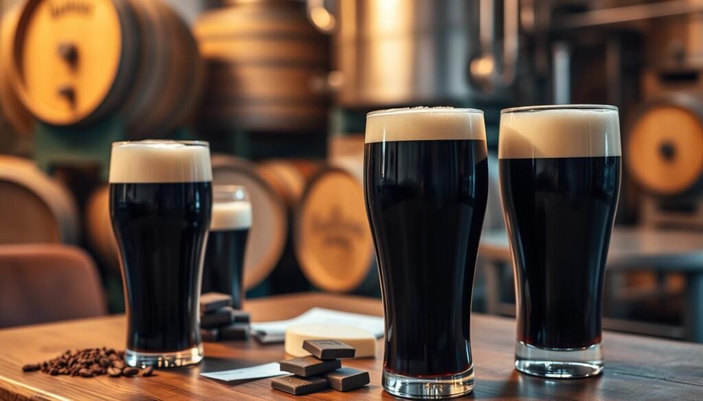 A beautifully arranged selection of stouts in elegant, frosted glassware, showcasing their rich, dark brown to black hues with creamy off-white heads. In the foreground, three distinct stout beers—an imperial stout, a coffee stout, and a milk stout—each with unique textures and garnishes like cocoa powder and coffee beans. The middle ground features a rustic wooden table topped with a few beer-tasting notes and appetizers like dark chocolate and aged cheese. In the background, a softly lit brewery ambiance, with barrels and brewing equipment gently blurred, enhancing the atmosphere. The lighting is warm and inviting, creating a cozy, intimate setting, ideal for beer enthusiasts. The image portrays a mood of sophistication and indulgence, perfect for exploring the world of strong beers.