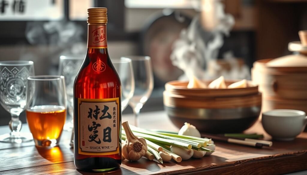 A beautifully arranged setting featuring a bottle of Shaoxing wine, with its characteristic amber hue, prominently displayed in the foreground. Beside it, elegant glassware reflecting warm light, hinting at the wine's rich flavor profile. In the middle, an array of traditional Chinese ingredients like ginger, garlic, and scallions, symbolizing the essence of Chinese cooking, artfully arranged on a rustic wooden countertop. In the background, softly blurred bamboo steamers and a steaming pot of dumplings, creating a cozy kitchen atmosphere. Soft, warm lighting casts gentle shadows, evoking a sense of tradition and culinary warmth. The angle is slightly elevated, focusing on the wine and culinary elements, inviting viewers to explore the rich flavors of Shaoxing wine in cooking.