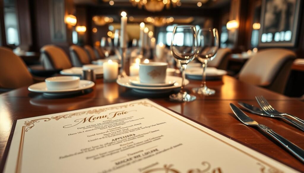 A beautifully designed fine dining menu is displayed prominently on a polished wooden table, showcasing an elegant layout with intricate calligraphy and rich colors. In the foreground, the menu features sections for appetizers, main courses, and desserts, adorned with delicate floral motifs. In the middle ground, a luxurious table setting is evident, including fine porcelain plates, crystal glassware, and polished silverware, all reflecting soft candlelight, creating a warm and inviting atmosphere. The background shows a tastefully decorated restaurant interior with plush seating and ambient lighting, enhancing the sophisticated mood. The scene is captured from a slightly elevated angle, using soft focus to evoke intimacy and exclusivity in the fine dining experience.