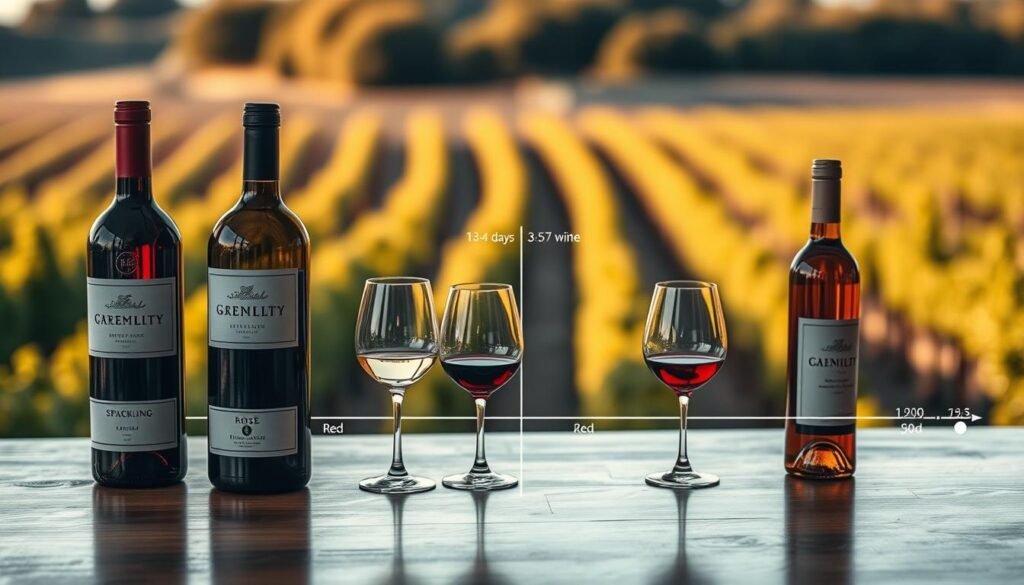 A beautifully organized wine timeline illustrating the lifespan of various wines after opening. In the foreground, a series of wine bottles, elegantly labeled, are displayed on a polished wooden table. Each bottle shows a different type of wine—red, white, rosé—each with a glass next to it. The middle ground features an artistic chart with clear markers indicating time limits for optimal drinking—1-3 days for sparkling, 3-5 days for white, and 5-7 days for red wines. The background should display a warm, inviting vineyard landscape, softly blurred, to evoke a sense of tranquility. Dim, natural lighting filters in, highlighting the rich colors of the wine and creating an intimate mood, perfect for an informative yet aesthetically pleasing image.