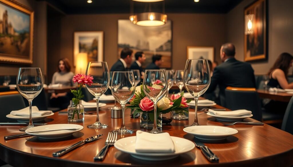 A beautifully set casual fine dining table at a stylish restaurant. In the foreground, a polished wooden table adorned with elegant dishware, crystal wine glasses, and fresh floral arrangements, suggesting a refined yet relaxed dining experience. In the middle background, well-dressed patrons in professional attire engage in pleasant conversation, creating a warm and inviting atmosphere. Soft, ambient lighting enhances the elegance of the setting, with soft shadows casting across the table. The background features tasteful art on the walls and softly lit pendant lights hanging from the ceiling, adding to the sophistication of the scene. The overall mood is intimate and welcoming, evoking the essence of casual fine dining. A beautifully set casual fine dining table at a stylish restaurant. In the foreground, a polished wooden table adorned with elegant dishware, crystal wine glasses, and fresh floral arrangements, suggesting a refined yet relaxed dining experience. In the middle background, well-dressed patrons in professional attire engage in pleasant conversation, creating a warm and inviting atmosphere. Soft, ambient lighting enhances the elegance of the setting, with soft shadows casting across the table. The background features tasteful art on the walls and softly lit pendant lights hanging from the ceiling, adding to the sophistication of the scene. The overall mood is intimate and welcoming, evoking the essence of casual fine dining.