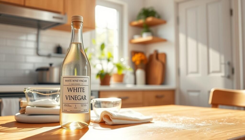A bright and inviting kitchen scene showcases a variety of cleaning tasks using white wine vinegar. In the foreground, a bottle of white wine vinegar sits prominently next to a glass measuring cup, surrounded by natural cleaning cloths. The middle ground features a clean kitchen countertop, with shiny appliances reflecting the light, and a plant adding a touch of green. In the background, sunlight pours through a window, emphasizing a fresh and airy atmosphere. A wooden table is lightly dusted to indicate effective cleaning. The lighting is warm and soft, capturing a cozy home environment. The angle is slightly elevated, providing a clear view of the cleaning process while evoking a sense of tranquility and eco-friendliness.