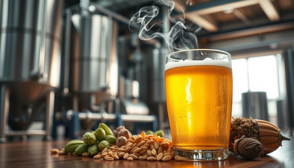 A close-up image capturing the essence of beer aroma in sleek laboratory glassware. In the foreground, a rounded glass filled with fresh lager emits visible wisps of steam, symbolizing the inviting fragrance. The middle layer showcases a range of aromatic hops and grains in their natural state, artfully arranged around the glass. In the background, a blurred brewery setting with brewing tanks and clean, polished surfaces hints at a meticulous brewing process, with soft, warm lighting to enhance the golden hues of the beer. The atmosphere is inviting and professional, emphasizing clarity and precision in brewing. The perspective is slightly tilted downwards to focus on the aroma emanating from the glass, inviting the viewer to explore the complexities of beer’s scents.