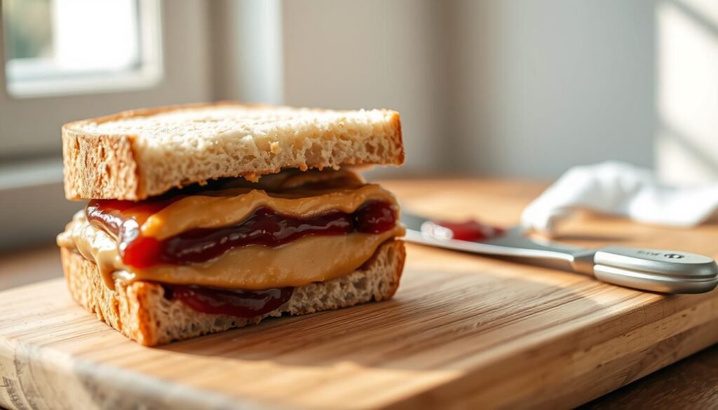 A close-up image of a freshly made peanut butter and jelly sandwich, perfectly balanced with vibrant layers of creamy peanut butter and rich, shiny grape jelly, sandwiched between two slices of soft, whole-grain bread. The foreground showcases a half sandwich with a bite taken out, revealing the inviting textures and colors of the ingredients. In the middle ground, a rustic wooden cutting board adds a warm, homey touch, accompanied by a small spreading knife with a smear of jelly. In the background, soft natural daylight filters in from a nearby window, casting a gentle glow and creating a cozy atmosphere. The scene evokes a feeling of nostalgia and comfort, ideal for illustrating the health implications of this classic snack.