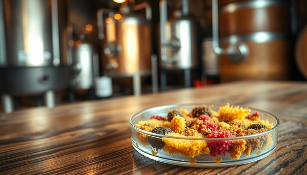 A close-up of wild yeast cultures in a petri dish, showcasing a variety of colorful and intricate patterns formed by the yeast colonies. In the foreground, the dish is placed on a wooden brewery table, with a background blurred softly to reveal brewing equipment like fermentation vessels and barrels. The middle ground features an ambient glow from soft, warm lighting, simulating a cozy brewing environment. The scene conveys a sense of natural fermentation and creativity. Capture the rich textures of the yeast and the wooden surface, using a macro lens to highlight the details. The atmosphere is inviting, with a hint of rustic charm, reflecting the artistry of wild fermentations in the brewing process.
