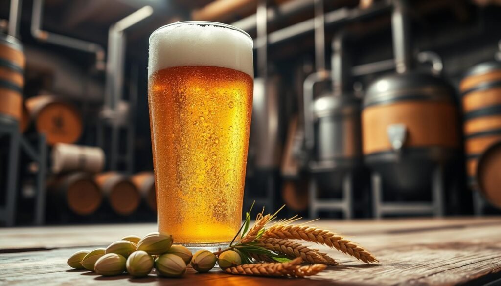 A close-up shot of a frosty draft beer glass filled to the brim, showcasing the rich golden color and dense creamy foam on top, emphasizing its freshness. In the foreground, fresh hops and barley grains are artistically arranged next to the glass, symbolizing the ingredients that enhance flavor. The middle ground features a rustic wooden table, created to evoke a warm, inviting atmosphere. In the background, a dimly lit brewery scene with barrels and brewing equipment blurs slightly, emphasizing the craftsmanship behind the beer. Soft, natural lighting from above highlights the condensation on the glass and creates an inviting glow. The mood captures a sense of celebration and relaxation, perfect for an enjoyable beer experience.