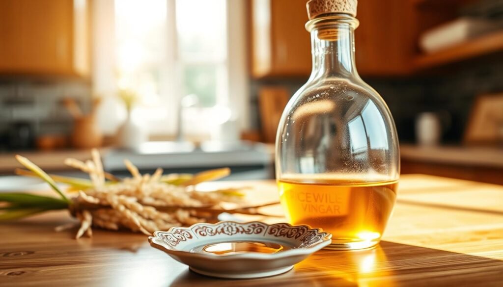 A close-up view of a clear glass bottle of rice wine vinegar, elegantly placed on a polished wooden kitchen countertop. The bottle is round, featuring a traditional cork stopper. In the foreground, a small, ornate dish holds a few drops of the golden-brown vinegar, glistening under soft, natural light. Surrounding the bottle, a backdrop of bamboo shoots and rice grains subtly adds context to the ingredient's origins. The scene is illuminated by warm, diffused sunlight streaming in from a nearby window, creating a cozy and inviting atmosphere. The focus is sharp on the bottle and dish, while the background gently blurs, allowing the viewer's attention to center on the rice wine vinegar.