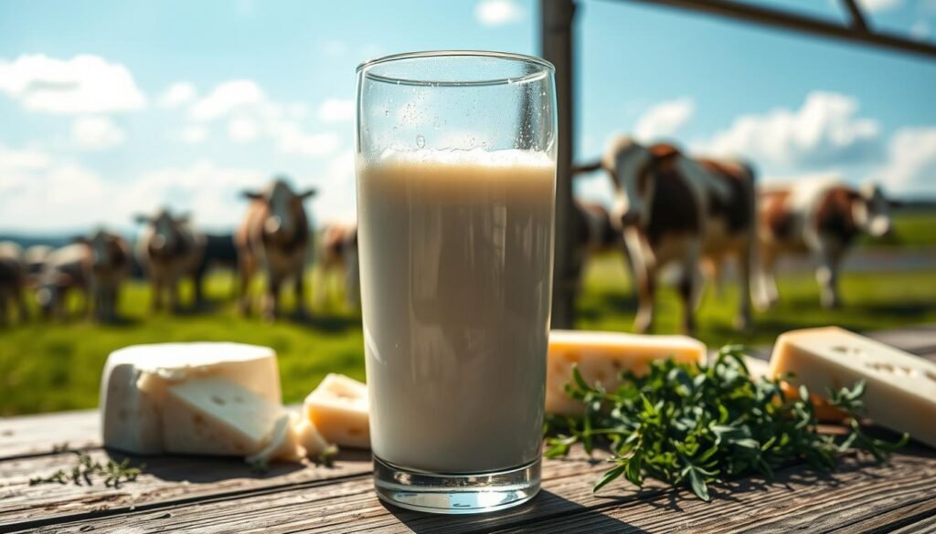 A close-up view of a glass of fresh cow milk, glistening with condensation, set on a rustic wooden table. The glass is filled to the brim, showcasing the creamy texture and slight froth at the top. In the background, soft-focused pastoral scenery reveals a grazing herd of cows under a bright blue sky, emphasizing the source of the milk. Natural light filters through, creating a warm glow and highlights the liquid’s rich, creamy color. Surrounding the glass, a few scattered ingredients like cheese wheels made from cow’s milk and fresh herbs add to the composition's authenticity. The mood is serene and inviting, celebrating the simplicity and purity of cow milk. A close-up view of a glass of fresh cow milk, glistening with condensation, set on a rustic wooden table. The glass is filled to the brim, showcasing the creamy texture and slight froth at the top. In the background, soft-focused pastoral scenery reveals a grazing herd of cows under a bright blue sky, emphasizing the source of the milk. Natural light filters through, creating a warm glow and highlights the liquid’s rich, creamy color. Surrounding the glass, a few scattered ingredients like cheese wheels made from cow’s milk and fresh herbs add to the composition's authenticity. The mood is serene and inviting, celebrating the simplicity and purity of cow milk.