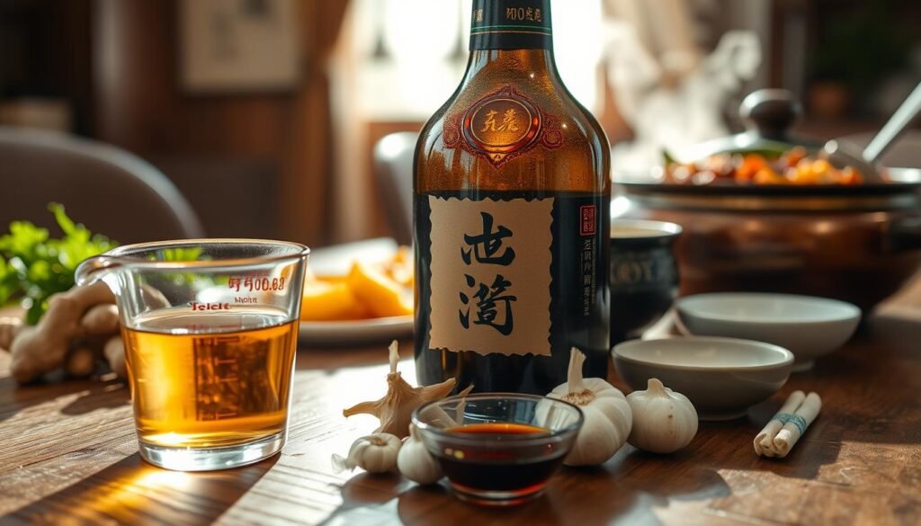 A close-up view of a traditional bottle of Shaoxing wine, glazed with a rustic, earthy hue, sitting prominently on a textured wooden table. In the foreground, a glass measurement cup depicting a clear liquid with visible alcohol content markings. The middle ground features ingredients like fresh ginger, garlic, and a small bowl of soy sauce artistically arranged to highlight the wine's culinary use. In the background, softly blurred, a family meal setting with a steaming pot of food, evoking a warm, inviting atmosphere. The scene is illuminated by natural light streaming through a nearby window, casting gentle shadows that enhance the richness of the wine bottle and surrounding ingredients. The overall mood is warm and family-oriented, showcasing the harmonious blend of alcohol in home cooking.