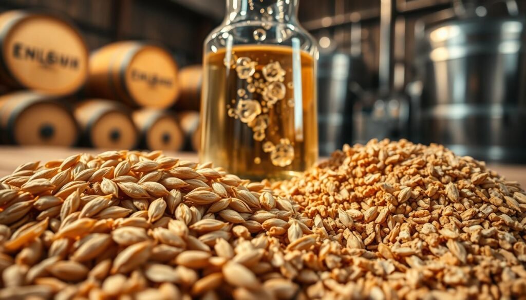 A close-up view of barley grains and malt showcasing enzymes in a scientific context. In the foreground, scatter a handful of golden brown barley grains, glistening with moisture, alongside crushed malt with visible textures and intricate details. In the middle, a glass beaker filled with enzyme solution reflects the light, revealing bubbles and subtle color gradients. In the background, softly blurred images of a traditional brewery with barrels and brewing equipment create an authentic atmosphere. Utilize warm, diffused lighting to convey a cozy, inviting mood, and ensure the photographic angle is slightly above eye level for a dynamic perspective. Capture the essence of the brewing process, emphasizing the transformation from barley to malt through the lens of scientific exploration.
