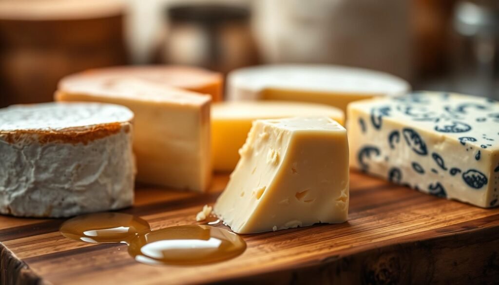 A close-up view of different cheese varieties showcasing their unique rinds and textures, emphasizing the separation between the hard outer rind and the creamy, smooth interior. The foreground features a rustic wooden cheese board adorned with various cheeses, highlighting a bloomy rind brie, a sharp cheddar with a natural rind, and a blue cheese with its distinctive veins. In the middle ground, soft whey puddles can be seen, glistening under soft, diffused lighting that creates gentle shadows, enhancing the textures. The background is softly blurred, suggesting a dairy farm setting in warm tones, evoking a cozy atmosphere related to cheese-making. The composition focuses on the natural colors of the cheeses, creating an appetizing and inviting visual.