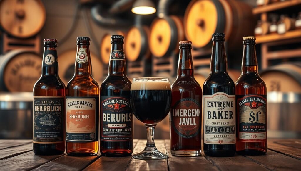 A collection of extreme ABV beers displayed elegantly on a rustic wooden table. In the foreground, showcase unique, artisanal bottles with striking labels, each one reflecting its craft beer origins. The middle layer features glassware filled with deep amber and rich dark hues, allowing light to catch the carbonation bubbles, accentuating the richness of the beers. In the background, softly blurred, hint at a cozy brewery setting with barrels and shelves stacked with rare bottles. Warm, ambient lighting casts a welcoming glow, enhancing the inviting atmosphere, while the composition focuses on the vibrant colors and textures of the beer. Capture the essence of craft brewing with a sense of rarity and indulgence, without any text or distractions.