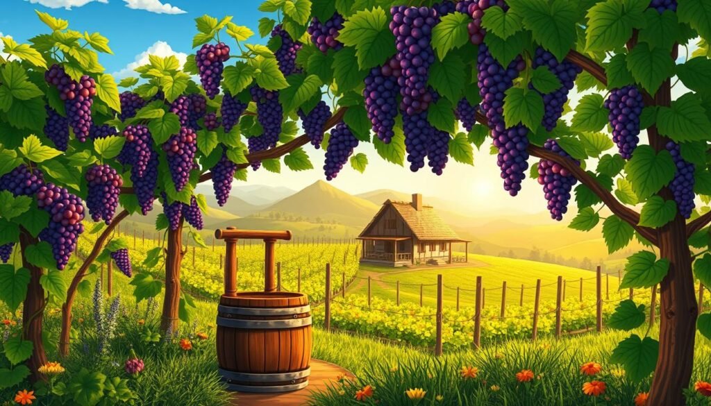 A cozy vineyard in Stardew Valley, bursting with vibrant grapevines laden with ripe, juicy grapes ready for harvest. In the foreground, a rustic wooden barrel sits near a traditional wine press, surrounded by lush greenery and colorful wildflowers. The middle ground features a quaint farmhouse with a thatched roof, nestled amidst rolling hills under a clear blue sky. In the background, soft, golden sunlight casts warm tones across the landscape, creating a serene and inviting atmosphere. The scene captures a moment of tranquility, perfect for conveying the joy of winemaking. Use a slightly elevated angle to provide a broad view of the vineyard, highlighting the lush abundance and the simple beauty of rural life in the valley.