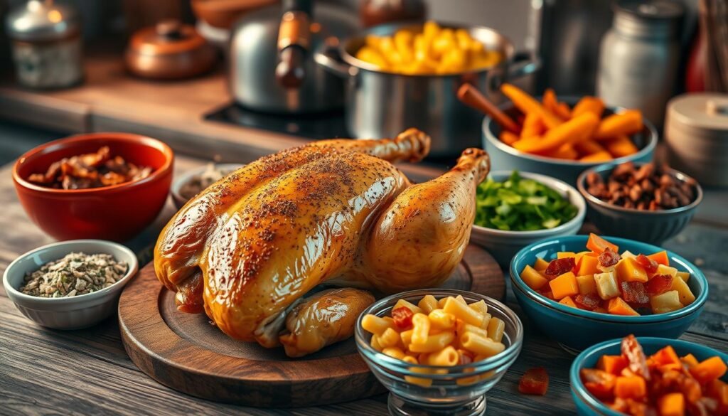 A delicious, golden-brown roasted chicken as the centerpiece, glistening with spices, placed on a rustic wooden table. Surrounding the chicken are vibrant bowls filled with various mix-ins for mac and cheese, such as sautéed garlic, fresh herbs, crumbled bacon, and colorful diced bell peppers. Soft, warm lighting drapes over the scene, creating an inviting atmosphere, while the focus is captured from a top-down angle, showcasing the textures of the food. In the background, a softly blurred kitchen setting hints at a cozy home cooking environment, with cookware and ingredients subtly illuminated to emphasize the theme of flavor and comfort in cooking. No text or branding is present, ensuring a clean and professional appearance.