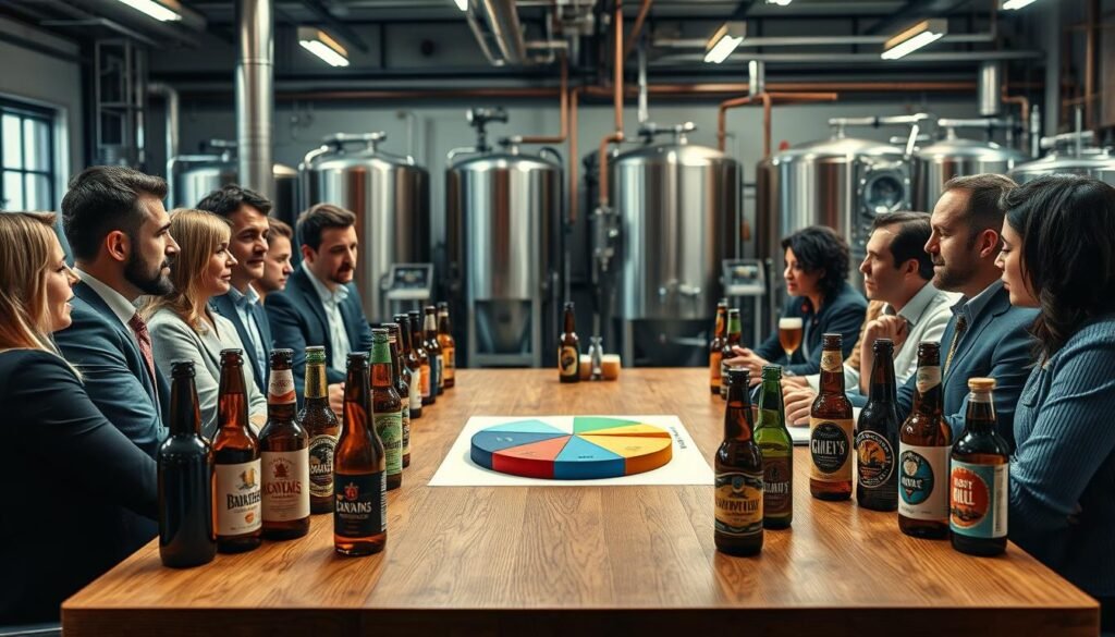 A detailed layout of a 20th-century craft beer consolidation scene. In the foreground, a group of diverse, professionally dressed brewery executives is engaged in a discussion over craft beer bottles and a pie chart representing industry statistics. In the middle ground, a large wooden table is adorned with various artisanal craft beer labels, showcasing unique styles and colors. In the background, industrial brewing equipment hints at the shift toward larger production. Soft, warm lighting creates a cozy yet serious atmosphere, with shallow depth of field emphasizing the foreground subjects. The lens should capture the essence of the conversation, reflecting the tension between tradition and modernization, inviting viewers to ponder the implications of consolidation in the craft beer industry.