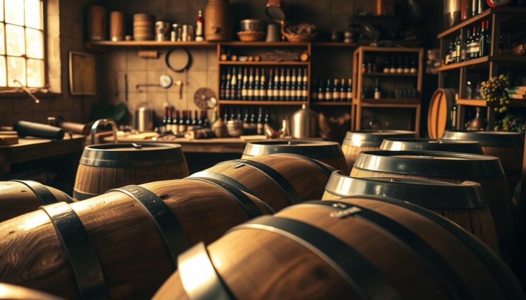 A detailed, rustic scene focused on a series of wooden kegs, arranged neatly in a dimly lit winery environment. In the foreground, several glossy, vintage oak kegs display intricate metal bands, showcasing their craftsmanship. The middle ground features a workbench cluttered with keg parts and tools, hinting at a brewing process in progress. In the background, shelves filled with bottles of wine and grape clusters create a warm, inviting atmosphere. Soft, golden lighting illuminates the scene, casting gentle shadows and highlighting the rich textures of wood and metal. The mood is serene and industrious, evoking the artistry of winemaking and the careful assembly of equipment. This composition captures the essence of craftsmanship, ideal for a wine studio setting.