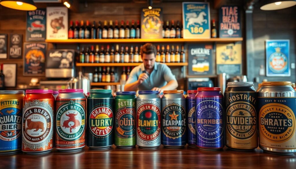 A dynamic display of craft beer packaging in an inviting brewery setting. In the foreground, showcase an array of uniquely designed beer cans and kegs, highlighting vibrant colors, intricate logos, and eye-catching graphics that reflect the creativity of craft brewing. The middle ground includes a rustic wooden bar with polished finishes, where a bartender is preparing drinks wearing a neat casual shirt. In the background, shelves lined with various craft beer bottles and promotional posters add to the atmosphere, with soft, warm lighting that creates an inviting glow. Use a slightly tilted angle to emphasize the layers of packaging and create depth. The overall mood should be lively and artistic, capturing the essence of craft beer culture and its emphasis on presentation as a strategic element.