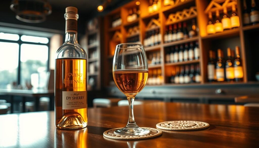 A elegantly arranged bottle of dry sherry, with a rich amber hue, sitting on a polished wooden table in the foreground. A clear glass filled with sherry reflects the soft, warm lighting, creating inviting glimmers. In the middle, a delicate stem glass showcases the liquid’s clarity and shine, while artisanal coasters with intricate designs subtly complement the scene. The background features a softly blurred view of a cozy wine bar, with wooden shelves stacked with various other wine bottles and dim, ambient lighting enhancing the intimate atmosphere. The overall mood is warm and sophisticated, evoking the comfort of enjoying a fine drink.