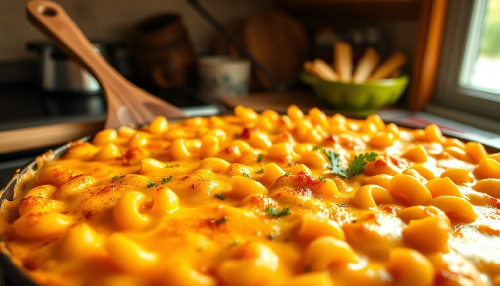 A golden-brown baked macaroni and cheese dish, fresh out of the oven, showcasing its creamy, custard-like texture with perfectly set edges ready for slicing. The foreground features a serving dish with smooth, cheesy pasta, garnished with a sprinkle of parsley, highlighting a rich, gooey cheese pull. In the middle, a wooden spatula rests beside the dish, capturing its inviting look. The background includes a cozy kitchen setting, softly illuminated by warm, natural light streaming through a window, enhancing the homely atmosphere. The overall mood is comforting and hearty, evoking the essence of a classic Southern comfort food, with a focus on the texture and appeal of the macaroni cheese. A golden-brown baked macaroni and cheese dish, fresh out of the oven, showcasing its creamy, custard-like texture with perfectly set edges ready for slicing. The foreground features a serving dish with smooth, cheesy pasta, garnished with a sprinkle of parsley, highlighting a rich, gooey cheese pull. In the middle, a wooden spatula rests beside the dish, capturing its inviting look. The background includes a cozy kitchen setting, softly illuminated by warm, natural light streaming through a window, enhancing the homely atmosphere. The overall mood is comforting and hearty, evoking the essence of a classic Southern comfort food, with a focus on the texture and appeal of the macaroni cheese.