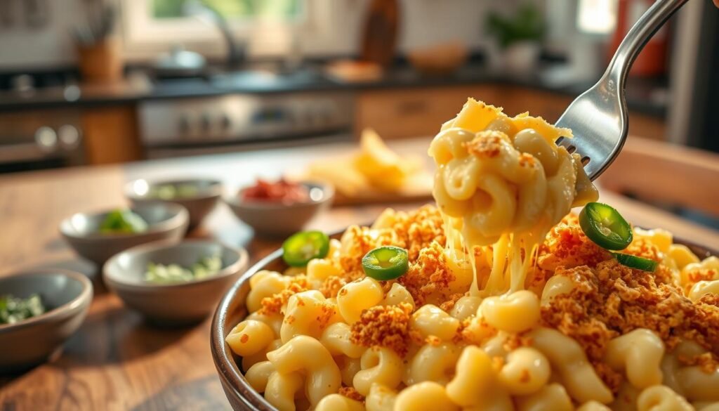 A hearty bowl of mac and cheese, creamy and rich, is the focal point in the foreground, topped with golden-brown crispy breadcrumbs and vibrant green chile slices sprinkled on top for a colorful twist. The cheese is shiny and gooey, pulling as a fork lifts a generous portion. In the middle ground, a rustic wooden table adds warmth, accompanied by small bowls containing spicy toppings like jalapeños and chopped cilantro. The background features a softly blurred kitchen setting with warm lighting, creating an inviting atmosphere, while natural sunlight streams through a nearby window, casting gentle shadows. Use a warm color palette to evoke comfort, shot from a slightly elevated angle to emphasize the dish's delicious textures.