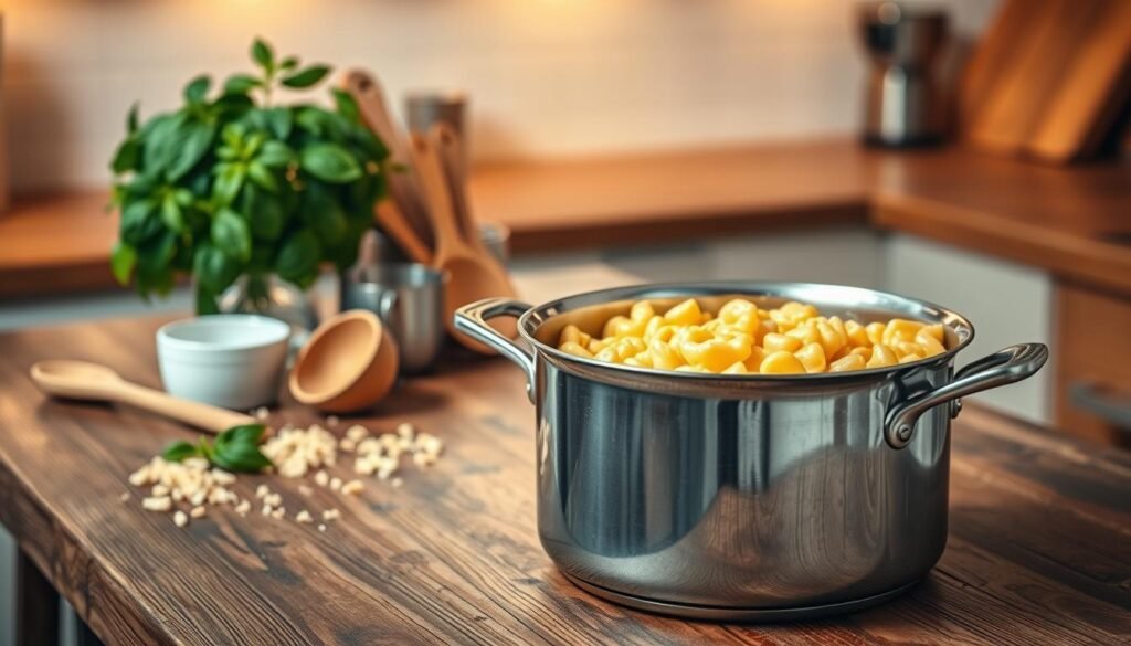 A large, gleaming stainless steel pot sits prominently in the foreground on a rustic wooden kitchen counter. The pot is filled with creamy, cheesy macaroni, bubbling slightly, exuding a rich golden hue. In the middle ground, a set of essential baking tools, including a wooden spoon and measuring cups, is neatly arranged. A vibrant, fresh basil plant and a sprinkle of breadcrumbs add a colorful touch. The background features a softly blurred kitchen setting with warm ambient lighting, creating a cozy and inviting atmosphere. The scene is framed with a narrow depth of field, emphasizing the pot and its delicious contents, inviting the viewer to imagine the delightful experience of cooking baked mac and cheese. A large, gleaming stainless steel pot sits prominently in the foreground on a rustic wooden kitchen counter. The pot is filled with creamy, cheesy macaroni, bubbling slightly, exuding a rich golden hue. In the middle ground, a set of essential baking tools, including a wooden spoon and measuring cups, is neatly arranged. A vibrant, fresh basil plant and a sprinkle of breadcrumbs add a colorful touch. The background features a softly blurred kitchen setting with warm ambient lighting, creating a cozy and inviting atmosphere. The scene is framed with a narrow depth of field, emphasizing the pot and its delicious contents, inviting the viewer to imagine the delightful experience of cooking baked mac and cheese.