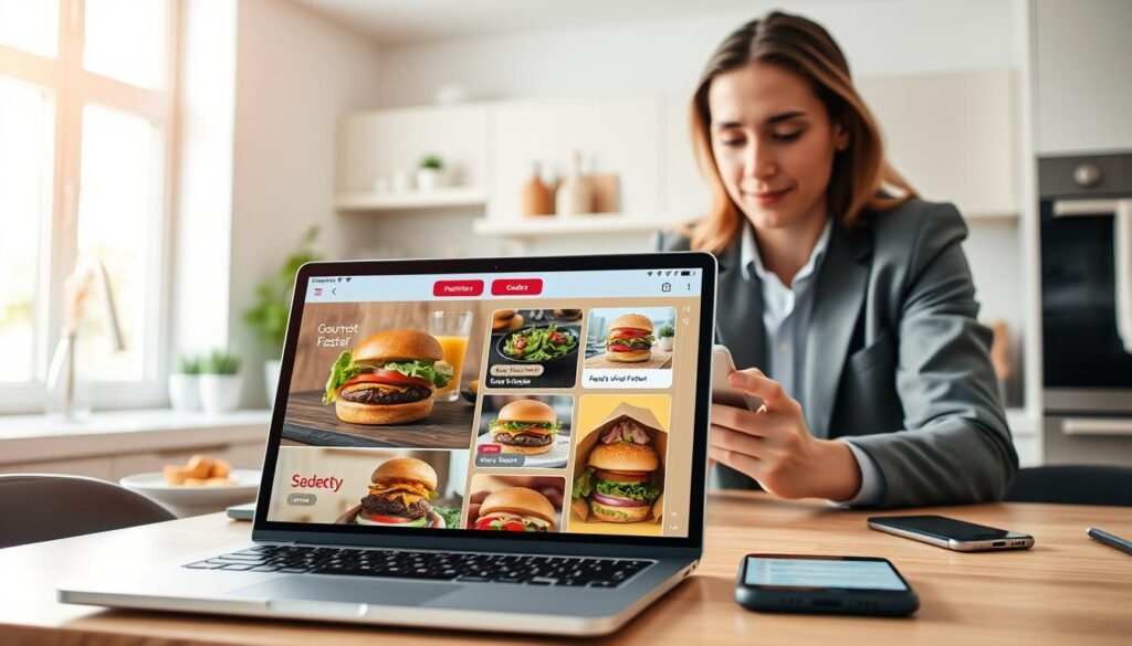 A modern and organized workspace showcasing a user-oriented online ordering experience. In the foreground, a sleek laptop displays a colorful, user-friendly food delivery app interface with images of delicious fast-casual dishes like gourmet burgers and fresh salads. In the middle, a young professional in a smart casual outfit browses through the app, looking engaged and satisfied. The background features a bright, airy kitchen with a subtle hint of a smartphone on the table showing delivery options, creating a sense of connectivity. Soft, natural lighting filters through a nearby window, casting a warm glow and enhancing the inviting atmosphere. The overall mood is efficient and convenient, highlighting the intersection of technology and dining. A modern and organized workspace showcasing a user-oriented online ordering experience. In the foreground, a sleek laptop displays a colorful, user-friendly food delivery app interface with images of delicious fast-casual dishes like gourmet burgers and fresh salads. In the middle, a young professional in a smart casual outfit browses through the app, looking engaged and satisfied. The background features a bright, airy kitchen with a subtle hint of a smartphone on the table showing delivery options, creating a sense of connectivity. Soft, natural lighting filters through a nearby window, casting a warm glow and enhancing the inviting atmosphere. The overall mood is efficient and convenient, highlighting the intersection of technology and dining.