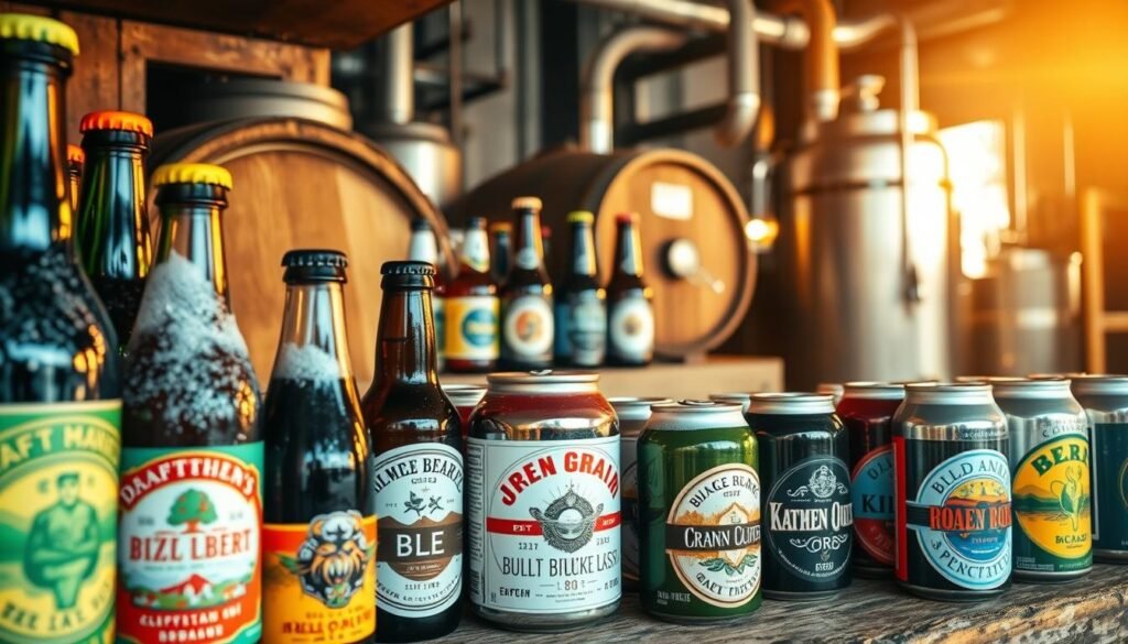 A rustic storage shelf displaying a variety of craft beers in bottles and cans, arranged neatly by color and style. The foreground features vibrant labels and condensation on cold bottles, emphasizing freshness. In the middle, there's an aged wooden shelf with a mix of light and dark beers, reflecting a balance between draft and bottled options. The background captures a softly lit brewery setting, with oak barrels and brewing equipment slightly blurred to suggest authenticity. The atmosphere is warm and inviting, with golden hour lighting casting a cozy glow, creating an ambiance of quality and care in beer storage. Focus on clarity and detail in the beer labels, with a shallow depth of field that highlights the foreground elements.