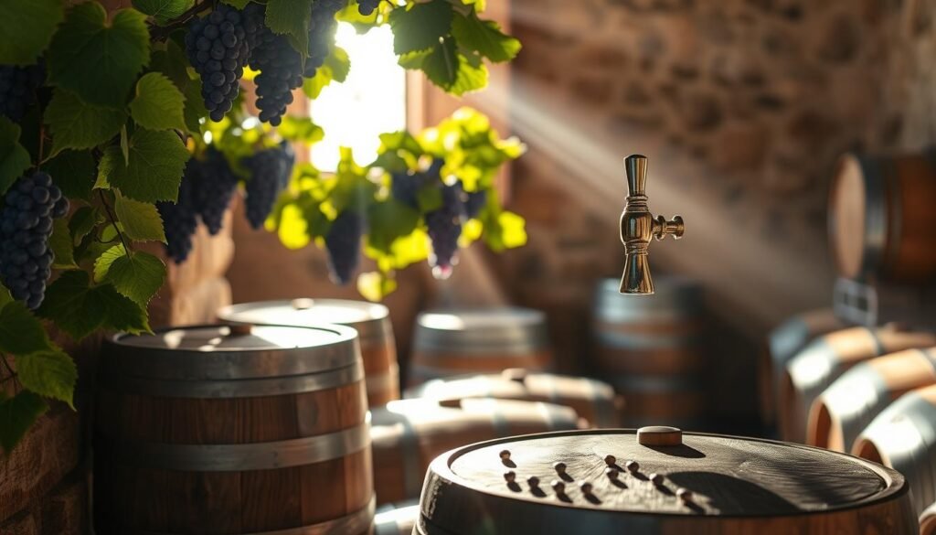 A rustic winery setting featuring several wooden kegs stacked neatly in a sunlit corner, showcasing rich, dark oak textures. In the foreground, one keg is prominently displayed, with a vintage tap glistening in the light. The middle ground includes grapevines draping over the kegs, their lush green leaves and plump purple grapes adding freshness to the scene. In the background, soft-focus barrels and a stone wall evoke a traditional winemaking atmosphere. Soft beams of light filter through the open window, casting warm highlights and gentle shadows, enhancing the overall inviting and tranquil mood. The image captures the essence of winemaking in a charming, serene environment.