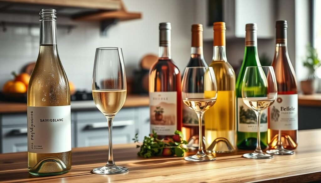 A serene kitchen scene featuring an artistically arranged selection of white wines and rosé bottles on a stylish wooden countertop. In the foreground, a chilled bottle of crisp Sauvignon Blanc with condensation glistening on the glass, beside a delicate flute filled with pale wine. In the middle ground, elegant rosé bottles with artistic labels, some partially filled glasses catching the soft light. The background shows a slightly blurred kitchen with fresh herbs and fruits, hinting at freshness and culinary inspiration. Soft, natural light filters through a window, creating a warm, inviting atmosphere. Use a shallow depth of field to emphasize the wines, with a focus on the textures of the bottles and glasses. Aim for an uplifting mood that celebrates these refreshing beverages.