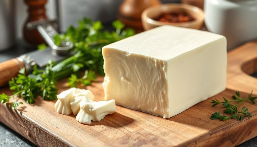 A smooth and creamy block of cream cheese sits elegantly on a rustic wooden cutting board. The surface is slightly glistening, showcasing its rich texture. Surrounding the cream cheese are fresh herbs like chives and parsley, adding vibrant green contrasts. In the background, softly blurred kitchen elements, such as a vintage cheese knife and a small bowl of spices, evoke a cozy cooking atmosphere. The natural lighting filters in from the left, casting gentle shadows and highlighting the smooth surface of the cream cheese. The image is captured from a slightly elevated angle, focusing on the creamy spread while maintaining a warm and inviting mood, perfect for illustrating the idea of delicious, milk-free mac and cheese.