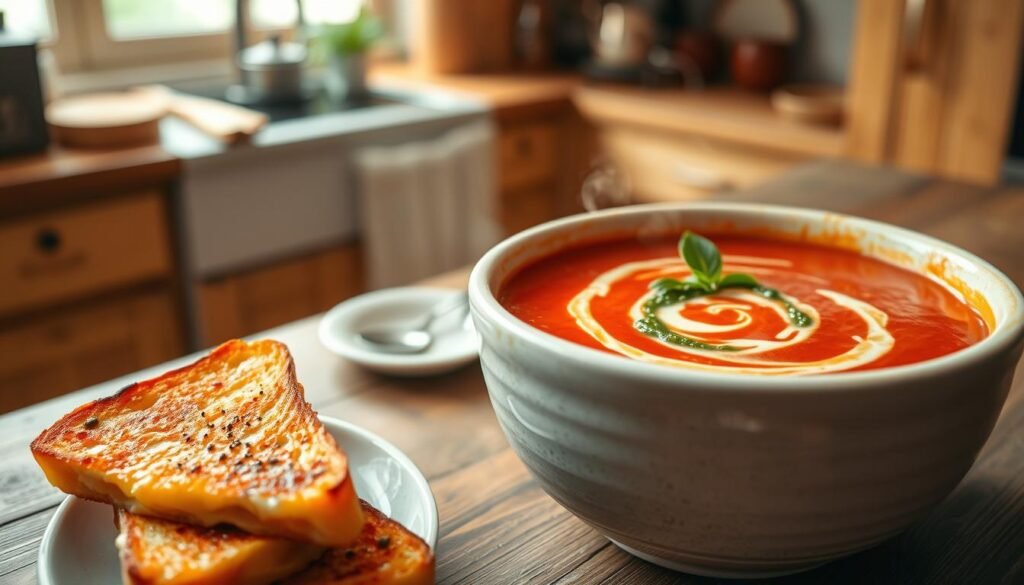 A steaming bowl of rich, vibrant red tomato soup, garnished with a swirl of fresh basil pesto drizzled on top. The soup is artfully presented in a rustic white ceramic bowl, sitting on a wooden table, creating a warm and inviting atmosphere. In the foreground, there are a few slices of golden, crispy grilled cheese sandwich, slightly melted, with cheese oozing out. In the middle ground, a small plate holds a sprinkle of black pepper and a spoon, hinting at the meal’s flavors. The background softly fades into a cozy kitchen, bathed in natural light from a nearby window, illuminating the scene and adding a homely touch. The overall mood is comforting and nutritious, perfect for a meal that balances indulgence with health.