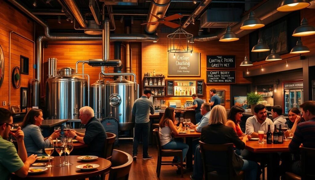 A vibrant brewpub interior showcasing the differences between a brewpub, brewery, taproom, gastropub, and microbrewery. In the foreground, a cozy brewpub setting featuring warm wood accents, patrons enjoying craft beers and gourmet dishes, dining tables adorned with small plates and glasses. In the middle, a small microbrewery with shiny brewing equipment and a bartender pouring beer, while a taproom space displays a chalkboard with craft beer options. In the background, a stylish gastropub invites guests with modern decor and outdoor seating. Warm, ambient lighting creates a welcoming atmosphere, captured from a slightly elevated angle with a shallow depth of field, emphasizing the lively interactions among patrons and the quality of the drinks and food.