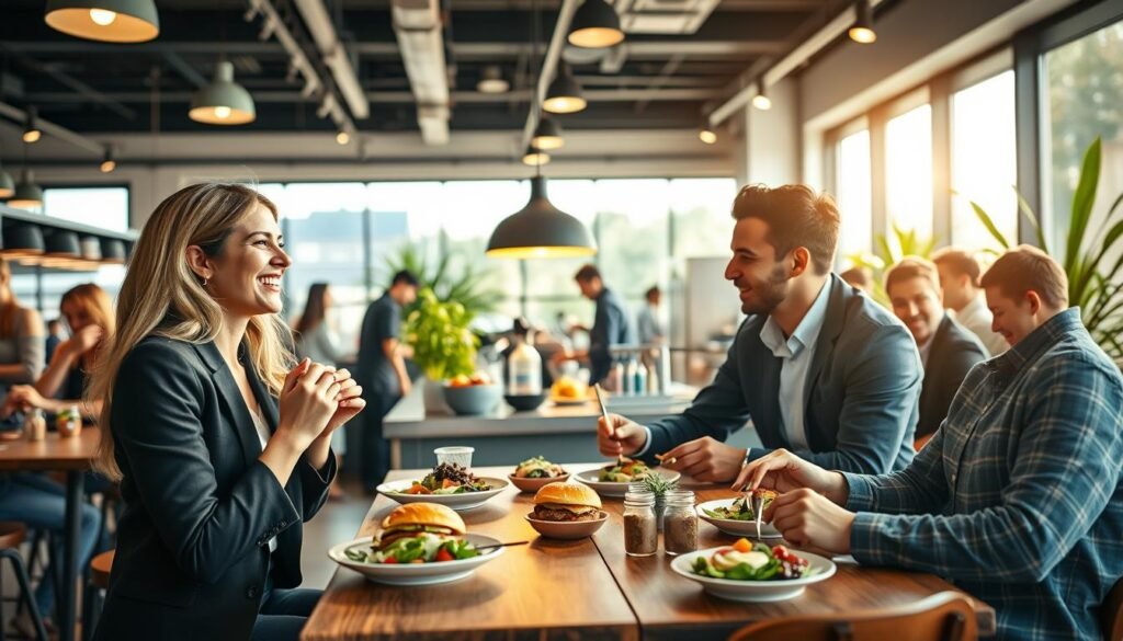 A vibrant fast casual restaurant scene showcasing a diverse group of customers enjoying their meals. In the foreground, a well-dressed woman and a man in business casual attire are sharing a wooden table, laughing and engaging in conversation over gourmet burgers and fresh salads. The middle ground features an open counter where staff members are preparing healthy bowls and artisanal sandwiches, highlighting the quality of ingredients. The background reveals a modern, airy space with large windows letting in bright, warm sunlight, and plants adding a touch of greenery. Soft, inviting lighting with a slight bokeh effect creates a relaxed yet lively atmosphere, perfect for casual dining. Compose the image with a slight depth of field to focus on the customers while softly blurring the busy kitchen behind them. A vibrant fast casual restaurant scene showcasing a diverse group of customers enjoying their meals. In the foreground, a well-dressed woman and a man in business casual attire are sharing a wooden table, laughing and engaging in conversation over gourmet burgers and fresh salads. The middle ground features an open counter where staff members are preparing healthy bowls and artisanal sandwiches, highlighting the quality of ingredients. The background reveals a modern, airy space with large windows letting in bright, warm sunlight, and plants adding a touch of greenery. Soft, inviting lighting with a slight bokeh effect creates a relaxed yet lively atmosphere, perfect for casual dining. Compose the image with a slight depth of field to focus on the customers while softly blurring the busy kitchen behind them.