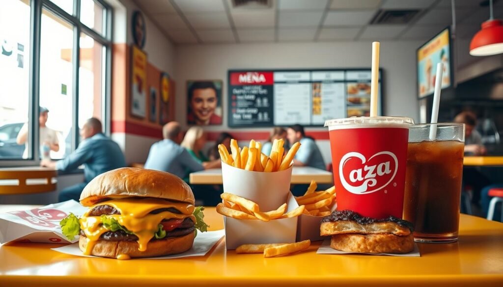A vibrant fast food scene depicting a variety of classic items like burgers, fries, and milkshakes arranged aesthetically on a bright table. In the foreground, focus on a juicy cheeseburger with melted cheese dripping slightly, crispy golden fries in a paper cone, and a chilled soda in a branded cup. The middle ground features a casual dining environment, with customers seated at tables, enjoying their meals and chatting, depicting a lively atmosphere. Soft, natural light filters in through large windows, casting gentle shadows, while the background showcases a colorful menu board and a busy kitchen area. Capture the excitement and appeal of fast food dining in a warm, inviting setting, emphasizing the contrast to fast-casual dining environments. A vibrant fast food scene depicting a variety of classic items like burgers, fries, and milkshakes arranged aesthetically on a bright table. In the foreground, focus on a juicy cheeseburger with melted cheese dripping slightly, crispy golden fries in a paper cone, and a chilled soda in a branded cup. The middle ground features a casual dining environment, with customers seated at tables, enjoying their meals and chatting, depicting a lively atmosphere. Soft, natural light filters in through large windows, casting gentle shadows, while the background showcases a colorful menu board and a busy kitchen area. Capture the excitement and appeal of fast food dining in a warm, inviting setting, emphasizing the contrast to fast-casual dining environments.