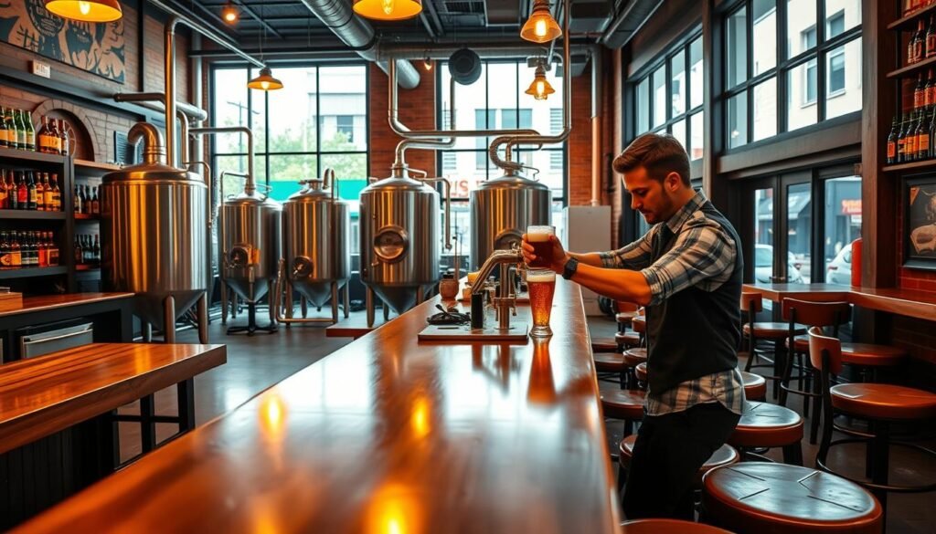 A vibrant microbrewery interior, showcasing a cozy bar area with polished wooden counters and stools, illuminated by warm, soft lighting. In the foreground, a professional bartender in smart casual attire skillfully pours a craft beer into a frosty glass. The middle ground features brewing tanks gleaming with stainless steel, cleverly arranged behind the bar, and shelves displaying a variety of colorful beer bottles. In the background, large windows reveal a bustling street with daylight streaming in, enhancing the inviting atmosphere. The overall mood is convivial and welcoming, capturing the essence of a community space devoted to craft beer enthusiasts. The angle is slightly elevated, providing a comprehensive view of the scene, without any text or logos.