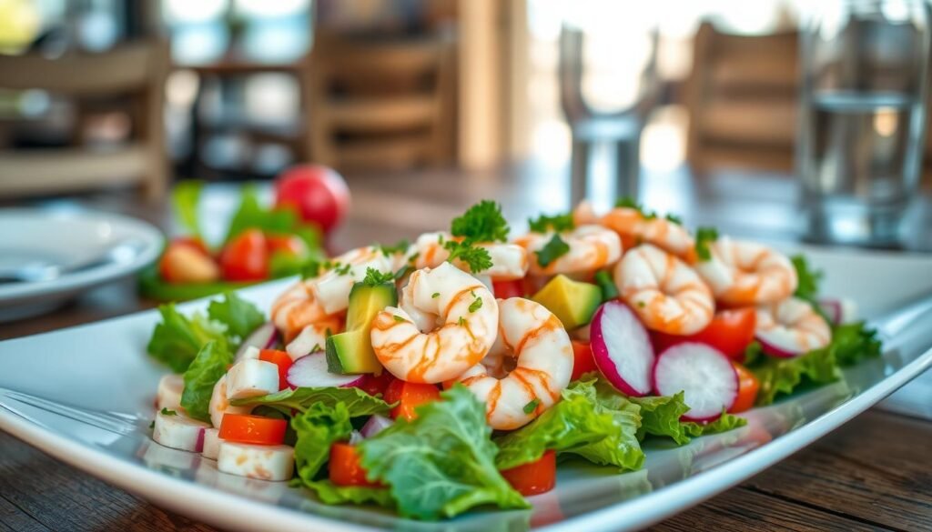 A vibrant seafood salad presented on a sleek, white plate, filled with a variety of fresh ingredients. In the foreground, succulent shrimp and tender crab meat are topped with bright green avocado slices and a sprinkle of chopped parsley. The middle layer features crisp, colorful vegetables such as cherry tomatoes, radishes, and mixed greens. In the background, a softly blurred table setting with a rustic wooden surface enhances the dish's freshness. Natural sunlight streams in from the left, casting gentle highlights on the salad, while soft shadows create depth. The overall atmosphere is inviting and refreshing, evoking a sense of beachside dining. Capture this from a slightly elevated angle to showcase the vibrant colors and textures in detail.