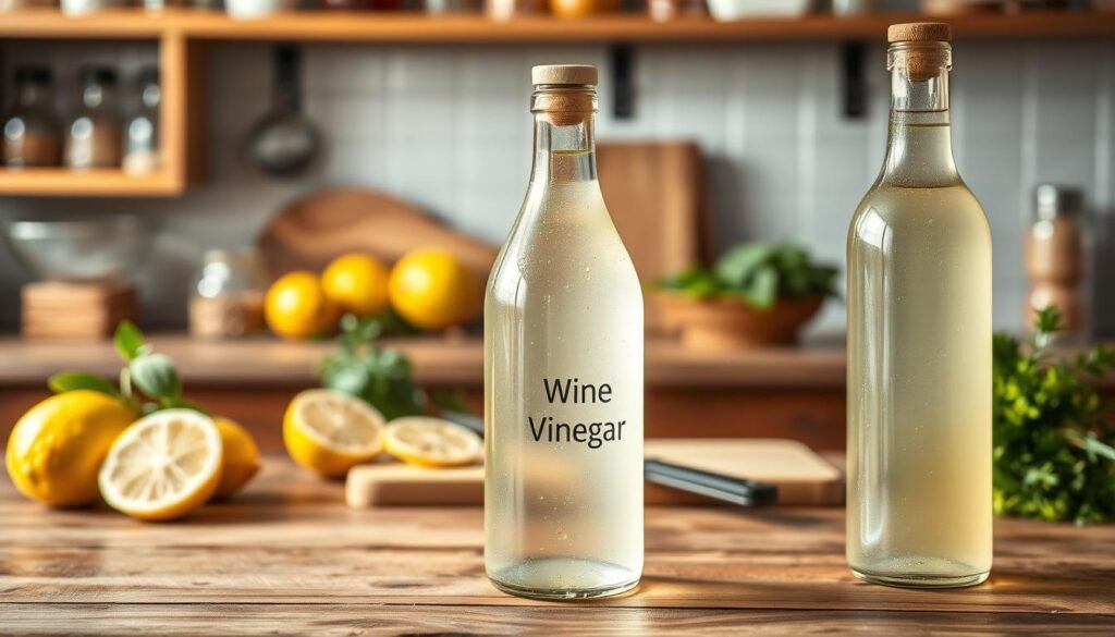 A visually striking representation of white wine vinegar's acidity profile. In the foreground, showcase a clear glass bottle of white wine vinegar, with droplets of condensation, placed on a wooden kitchen counter. Beside it, arrange various ingredients that complement its acidity, such as lemons and fresh herbs. In the middle ground, illustrate a clean cutting board with a knife, hinting at culinary use. The background should feature soft-focused kitchen elements, like shelves with spices and utensils, subtly lit to create a warm, inviting atmosphere. Utilize natural lighting to enhance the clarity of the vinegar and the freshness of the ingredients, emphasizing the flavor profile associated with cooking. Aim for an educational yet appetizing mood that invites culinary creativity.