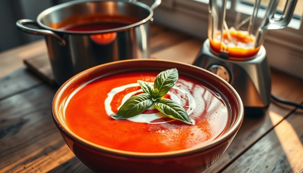 A warm bowl of vibrant tomato soup is the focal point, radiating rich, deep reds and a glossy surface topped with a swirl of cream and fresh basil leaves, adding a touch of green. Surrounding the bowl is a rustic wooden table, with an inviting pot simmering with the remaining soup in the background. A sleek blender sits off to one side, showcasing the transition from pot to bowl. The scene is softly lit with golden hour sunlight filtering through a nearby window, casting gentle shadows that enhance the cozy atmosphere. Captured from a slightly elevated angle, the composition conveys a sense of home-cooked comfort, perfect for a nurturing and healthy meal experience.